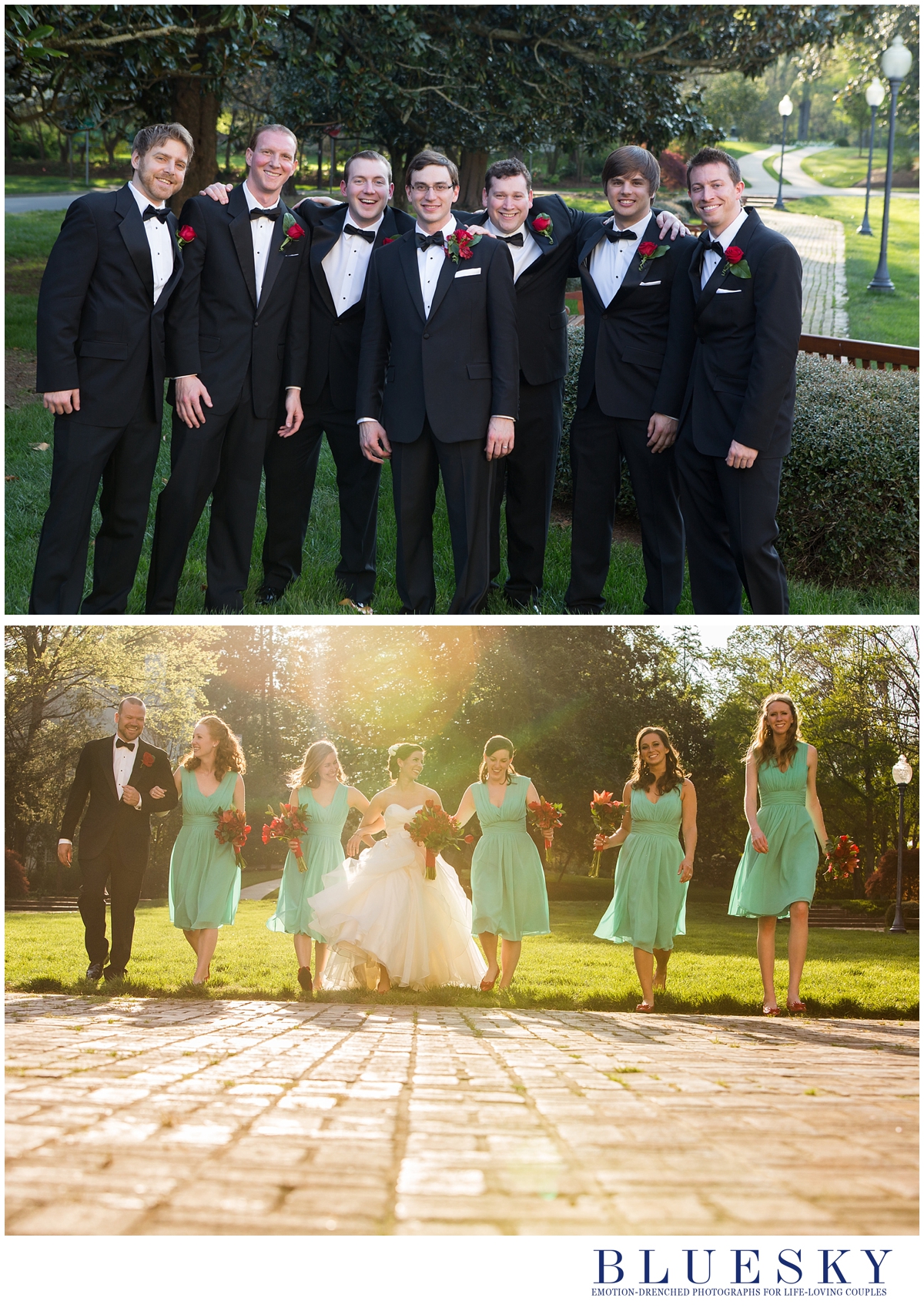 bridal party in aqua and red