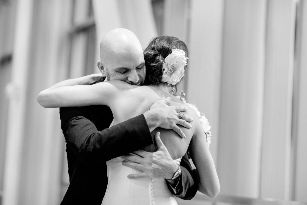 Emotional first look between bride and groom at Founders Hall, Charlotte NC