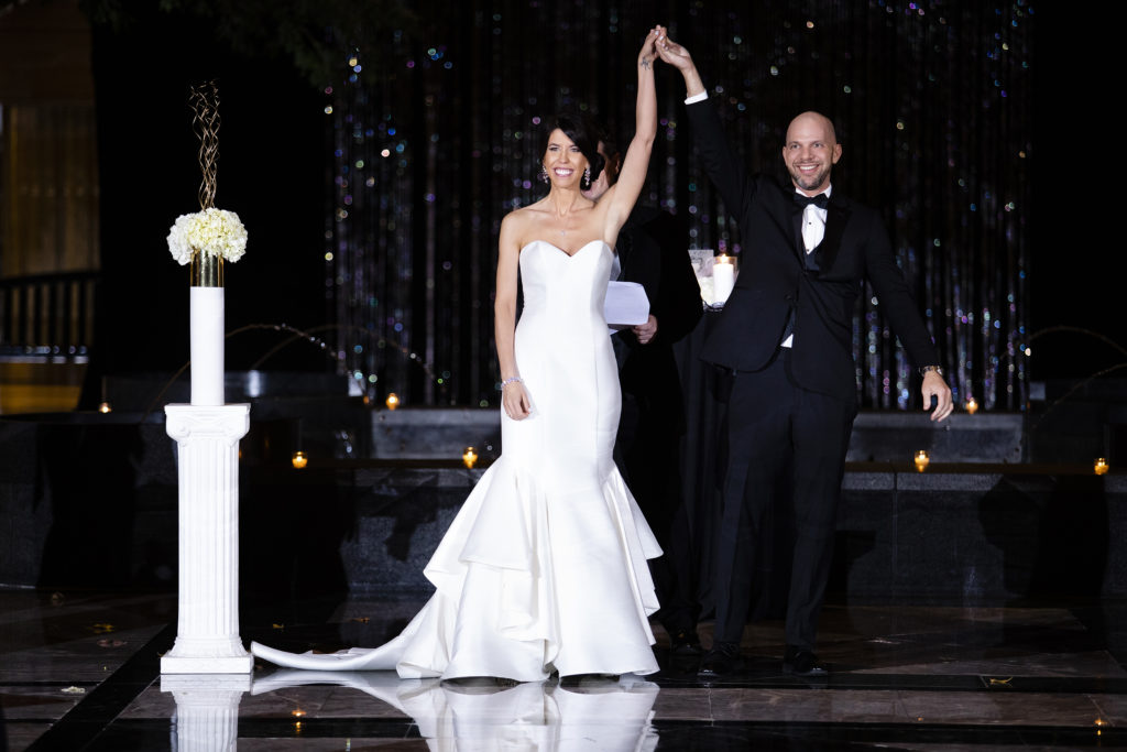 Night Wedding Ceremony at Night with Extravaganza backdrop in Founders Hall, Charlotte NC