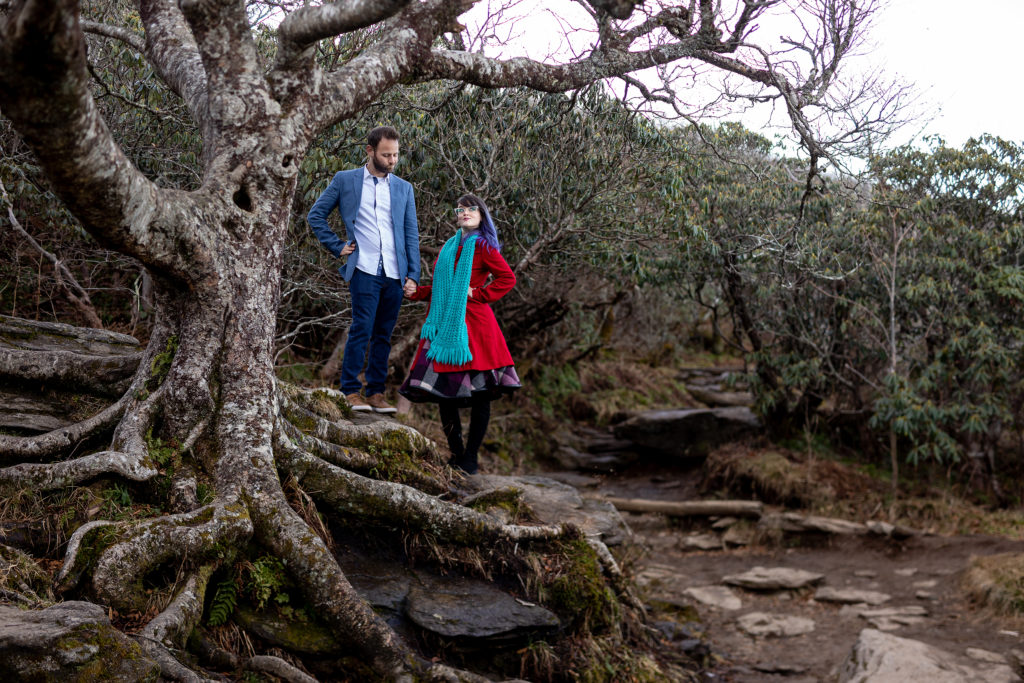 Super fun engagement photo at craggy gardens in the blue ridge parkway in asheville nc