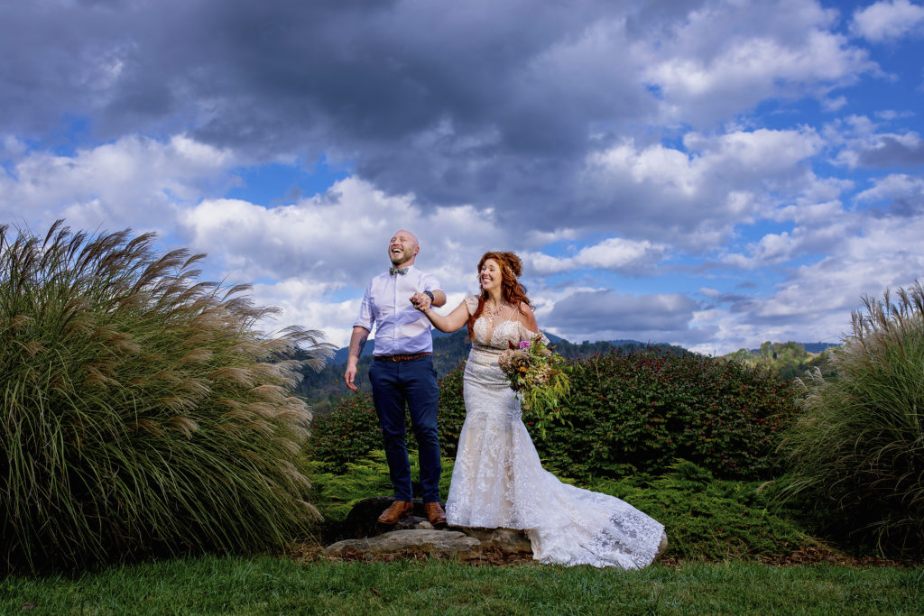 Joyful, fun wedding couple. Intimate micro wedding in the blue ridge parkway in asheville nc