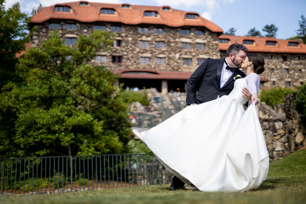Bride and groom at The picturesque Grove Park Inn in Asheville, NC